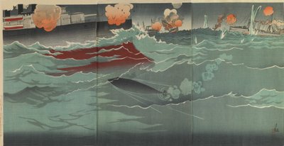 Torpedomme osuu venäläiseen sotalaivaan Port Arthurin suuressa meritaistelussa, Meiji-kausi tekijältä Kiyochika Kobayashi