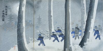 Väkivaltainen taistelu lumessa Niuzhuangin lähellä, Meiji-kausi tekijältä Kiyochika Kobayashi