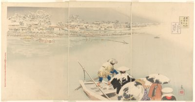 Toinen kuukausi: Matsuchi-kukkulat lumessa hämärässä (Kisaragi, Matsuchiyama yuki no tasogare), sarjasta True Views of Famous Places in Tokyo (Tokyo meisho shinkei no uchi) tekijältä Kiyochika Kobayashi
