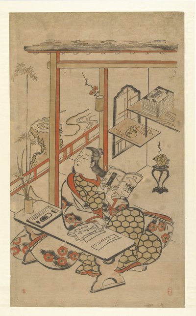 Nainen pöydässä lukemassa Genjin tarinaa. tekijältä Kiyomasu (I) , Torii (attributed to)