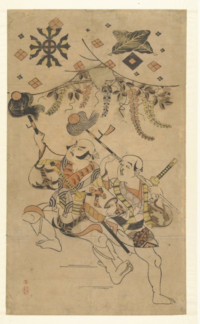 Näyttelijät Nakamura Denkuro I ja Bando Matakuro Yakon roolissa esittämässä keihästanssia tekijältä Kiyonobu (I) , Torii (attributed to)