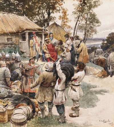 Poliudie Keräämässä kunnianosoitusta. Kiovan Igor kunnioittaa drevljalaisia, 1903 tekijältä Klavdiy Vasilievich Lebedev