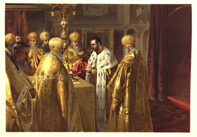 Nikolai II:n kruunajaiset. Eucharistia par Lebedev, Klavdi Vasilyevich (1852-1916) tekijältä Klavdiy Vasilievich Lebedev