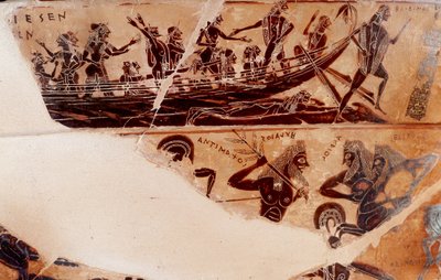 Purku Theseesta Delokseen, kaulan yksityiskohta B-ylempään rekisteriin päin - "Vase Francois" -kreikkalainen kraatteri mustilla hahmoilla Chiusin etruskien hautausmaalta, 570 eKr. - Keramiikka Ergotimoksen ja taidemaalari Cretiaksen (Kleitiaksen) merkki 6. tekijältä Kleitias Kleitias