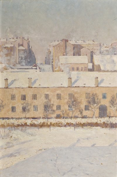 Talvikohtaus. Motiivi Etelä-Tukholmasta, 1886 (öljy paperille). tekijältä Knut Axel Lindman