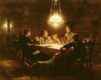 Perheillallinen lampun valossa, 1800-luku tekijältä Knut Ekvall