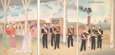 Kuva keisarin saapumisesta Shinbashin asemalle voiton riemua seuranneessa..., 1895. tekijältä Kobayashi Kiyochika