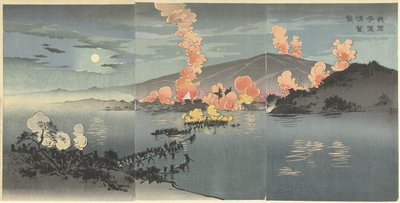 Asevoimiemme yöhyökkäys Kiinan leiriin Pjongjangissa. Wagagun Heijo no seiei o osou (otsikko esineessä) tekijältä Kobayashi Kiyochika