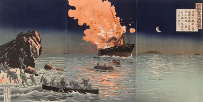 Pelastautuminen palavasta sotalaivasta. Kohtaus Kiinan ja Japanin välisestä sodasta tekijältä Kobayashi Kiyochika
