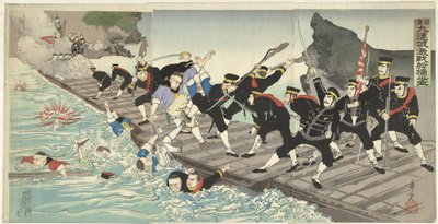 Kovia taisteluita kelluvalla sillalla Kiulienchengissä Kiinan ja Japanin sodan aikana Nisshin Kyurenjo kisen senkyo no zu (otsikko esineessä) tekijältä Kobayashi Toshimitsu