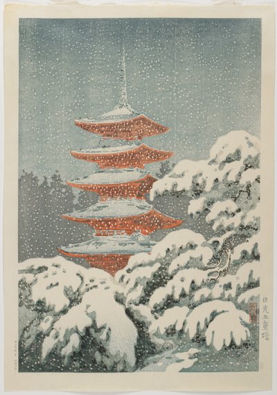 Viisikerroksinen pagodi Nikkon pyhäkössä, n. 1930-1940 tekijältä Koitsu Tsuchiya