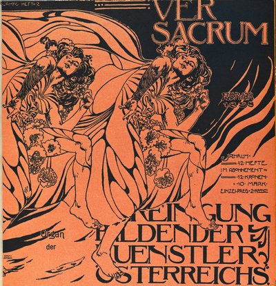 Ver Sacrum -lehden helmikuun 1898 numeron kansi, jugendtyylisen Sezession-liikkeen lehti ... tekijältä Koloman Moser