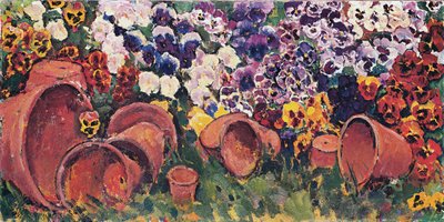 Pansies with flower pots - Paniessit kukkaruukuilla ... (öljy kankaalle) tekijältä Koloman Moser
