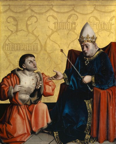 Antipater polvistuu Juilus Caesarin edessä Heilspiegelin alttaritaulusta, noin 1435 (sekatekniikka tammipaneelille). tekijältä Konrad Witz