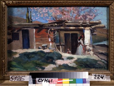 Krim, mantelipuut kukkivat. (Krim, kukkivat mantelipuut). Nuori nainen pienen puutalon edessä, vaaleanpunaisten mantelipuiden alla. Maalaus Konstantin Aleksejevitš Korovin (Konstantin Korovin) (1861-1939), öljy kankaalle tekijältä Konstantin Alekseevich Korovin