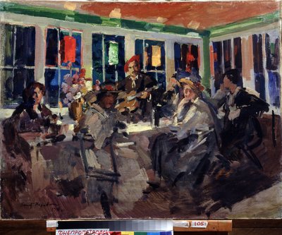 Kahvilassa (Kahvilassa). Naiset istuvat lähellä erkkeri-ikkunaa, valaistu värillisillä lyhtyillä, ja mukana kitaristi. Maalaus Konstantin Aleksejevitš Korovin (Konstantin Korovin) (1861-1939), öljy kankaalle tekijältä Konstantin Alekseevich Korovin