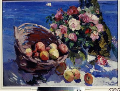 Gurzuf, Ukraina (Gurzuf). Kukkien ja hedelmien asetelma meren rannalla. Konstantin Aleksejevitš Korovin (Konstantin Korovin) (1861-1939) maalaus, öljy kankaalle tekijältä Konstantin Alekseevich Korovin