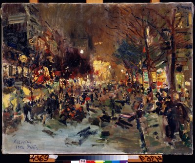 Grand Boulevard Pariisissa (Boulevard in Paris). Näkymä vilkkaalle kadulle illalla. Näet Morris-sarakkeet oikealla. Maalaus Konstantin Aleksejevitš Korovin (Konstantin Korovin) (1861-1939), öljy kankaalle tekijältä Konstantin Alekseevich Korovin