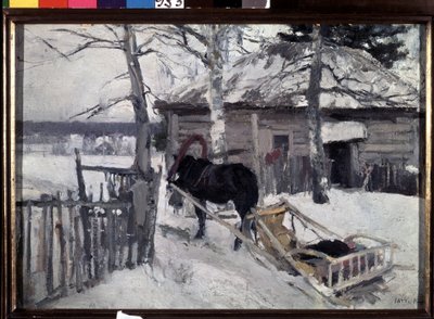 Talvi (Talvi). Hevoskärryt puutalon pihalla, maaseudulla, lumen alla. Maalaus Konstantin Aleksejevitš Korovin (Konstantin Korovin) (1861-1939), öljy kankaalle tekijältä Konstantin Alekseevich Korovin