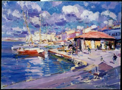 Fishing Bay Sevastopolissa (Ukraina) (Fishing Bay, Sevastopol). Näkymä laiturille, jossa veneet, kävelijät ja rakennukset ovat ankkuroituina auringon alla. Maalaus Konstantin Aleksejevitš Korovin (Konstantin Korovin) (1861-1939), öljy kankaalle tekijältä Konstantin Alekseevich Korovin