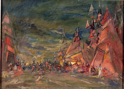 Polovtsien (tai Couman, Kuman) sotilasleiri. Alexandre Borodinin (Borodin) (1833-1887) oopperan "Prince Igor" valmisteleva sisustus. Konstantin Aleksejevitš Korovin (Konstantin Korovin) (1861-1939) teos, öljy pahville tekijältä Konstantin Alekseevich Korovin