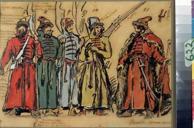 Pukusuunnittelu Modeste Musorgskin (1839-1881) oopperaan Khovanshchina tai Khovanski-prinssit (M.Musorgskin Khovanshchina-oopperan pukusuunnittelu). Konstantin Aleksejevitš Korovin (Konstantin Korovin) (1861-1939) työ, akvarelli, go tekijältä Konstantin Alekseevich Korovin