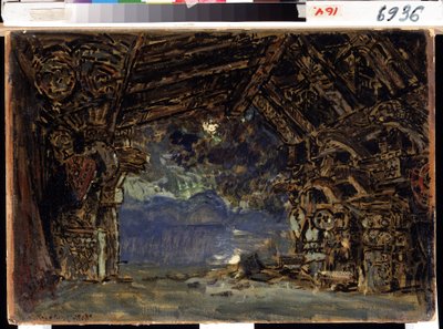 Lavastus Richard Wagnerin oopperaan Twilight of the Gods. (Lavastus R. Wagnerin oopperalle The Twilight of the Gods). Konstantin Aleksejevitš Korovin (Konstantin Korovin) (1861-1939) työ, tempera pahville tekijältä Konstantin Alekseevich Korovin