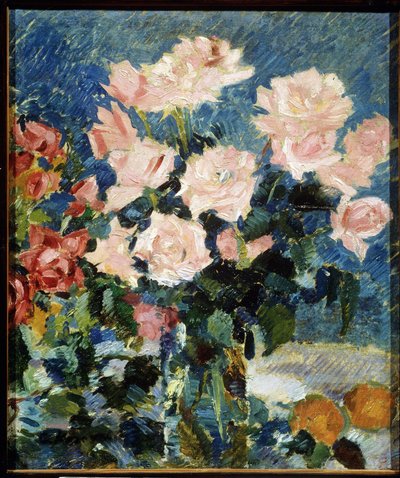 Ruusut (Ruusut). Maalaus Konstantin Aleksejevitš Korovin (Konstantin Korovin) (1861-1939), öljy kankaalle, noin 1930. Asetelma, 1900-luvun venäläinen taide, postimpressionismi. State Art useum, Jaroslavl (Venäjä). tekijältä Konstantin Alekseevich Korovin