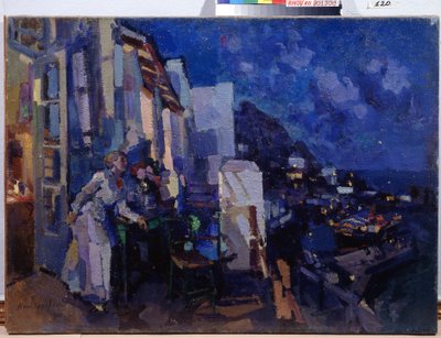 Ilta verannalla. Nainen hyödyntää kaupungin panoraamaa, joka ulottuu yöhön hänen terassinsa edessä. Maalaus Konstantin Aleksejevitš Korovin (Konstantin Korovin) (1861-1939), öljy kankaalle tekijältä Konstantin Alekseevich Korovin