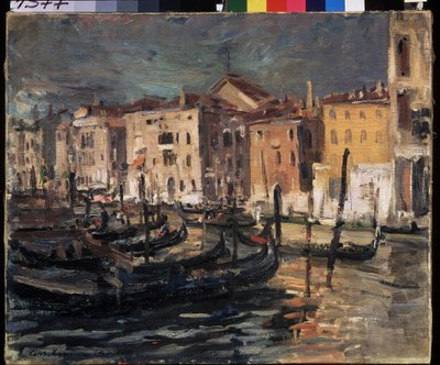 Venetsia (Italia) (Venetsia). Grand Canal Venetsian laguunissa, jossa laiturit, gondolit ja rakennukset valaisevat auringon ankaran valon. Maalaus Konstantin Aleksejevitš Korovin (Konstantin Korovin) (1861-1939), öljy kankaalle tekijältä Konstantin Alekseevich Korovin