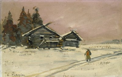 Talvimaisema kahdella puisella mökillä (rungonväri ja öljy levylle, kiinnitetty piirustukseksi) tekijältä Konstantin Alekseevich Korovin
