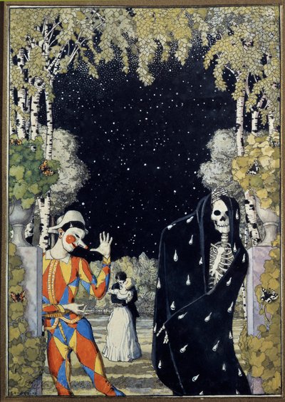 Harlekiini ja kuolema (Harlequin and Death) - Konstantin Andrejevitš Somovin (1869-1939) työ, akvarelli ja guassi paperille tekijältä Konstantin Andreevic Somov