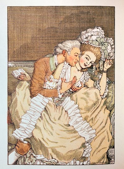 Kuvitus Franz Blein "Le Livre de la Marquise" -kuvaan (kuvitus Franz Blein Marquise-kirjaan) (marssimies, joka pilailee kärsimättömän rakastajan kanssa) - Konstantin (Konstantin) Andrejevitš Somovin (1869-1939) teos, etsaus tekijältä Konstantin Andreevic Somov