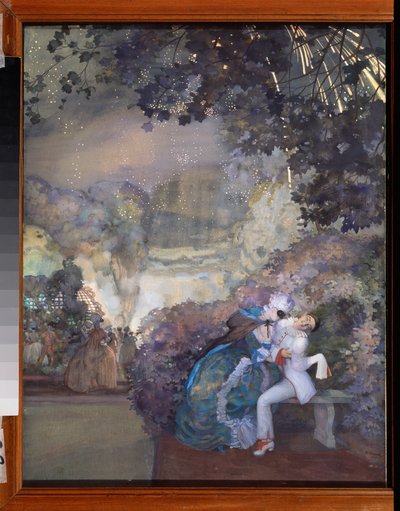 Pierrot ja nainen. (Flirttailee naamiaisissa). Konstantin (Konstantin) Andrejevitš Somovin (1869-1939) teos, guassi paperille tekijältä Konstantin Andreevic Somov