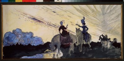 Kävely. (Kaksi ratsastajaa tarkkailee taivasta ja maisemaa). Konstantin (Konstantin) Andrejevitš Somovin (1869-1939) työ, kynä ja guassi paperille tekijältä Konstantin Andreevic Somov