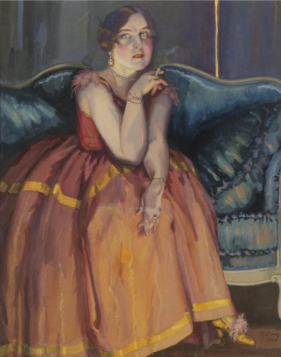 Nainen polttaa tupakkaa sohvalla tekijältä Konstantin Andreevic Somov