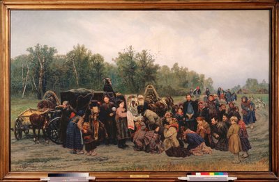 Ikonin saapuminen (Maatietillä kyläläiset juoksevat katsomaan ja polvistuvat maalauksen eteen, ortodoksisen papin tuoma) - Konstantin Apollonovich Savitskyn (1844-1905) maalaus, öljy kankaalle tekijältä Konstantin Apollonovich Savitsky