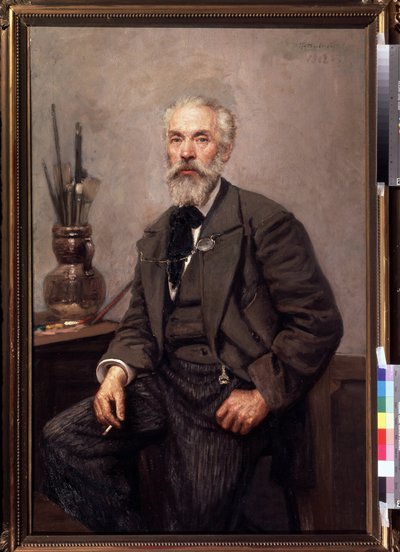 Taiteilija Konstantin Savitskyn (1844-1905) muotokuva (Taiteilija K. Savitskyn muotokuva). Nikolai Karlovitš Grandkovskin (1864-1907) maalaus öljy kankaalle tekijältä Konstantin Apollonovich Savitsky