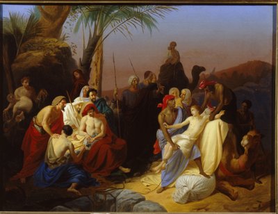 Joosefin myynti. (Jakso Genesiksen kirjasta, kun hänen veljensä myyvät Joosefin orjakauppiaille. Konstantin Dmitrievich Flavitskyn (1830-1866) maalaus, öljy kankaalle tekijältä Konstantin Dmitrievich Flavitsky