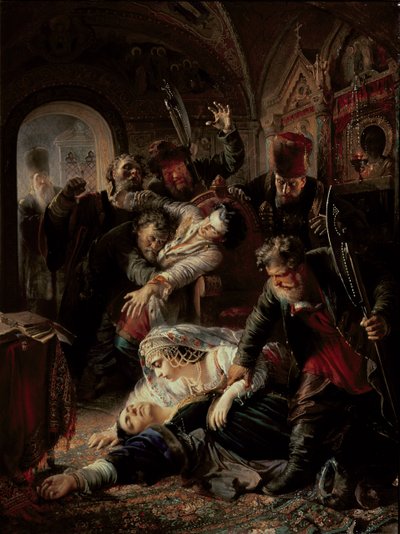 Palkatut salamurhaajat tappavat tsaari Boris Fjodorovitš Godunovin poika tekijältä Konstantin Egorovich Makovsky
