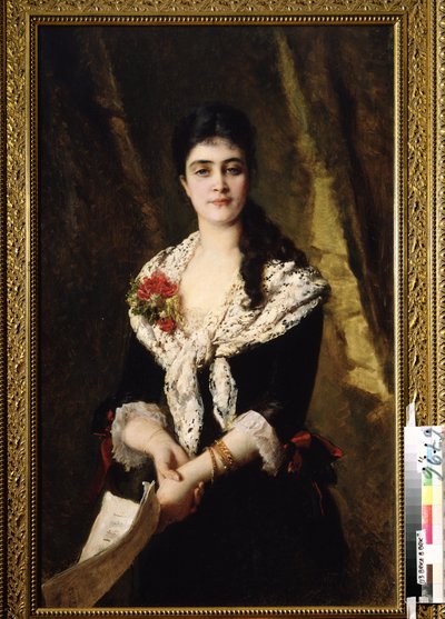 Laulaja A. Panaeva Kartseva muotokuva Tatjanan roolista Piotr Tšaikovskin oopperassa Eugene Oneguine. (Muotokuva laulaja A. Panaeva Kartsevasta Tatjana P. Tšaikovskin oopperassa Jevgeni Onegin). Konstantin Jegorovicin maalaus tekijältä Konstantin Egorovich Makovsky