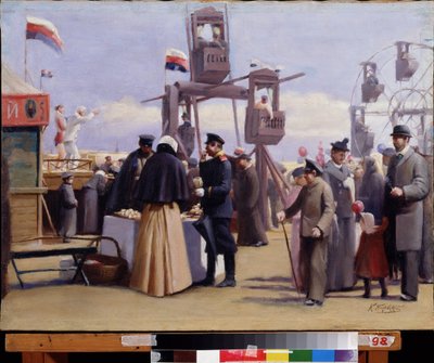 Moskovan messujen kojut. (Moskovan messuosastot). Maalaus: Konstantin Jegorovich Makovski (Constantin Makovsky) (1839-1915), öljy kankaalle. 1800-luvun venäläinen taide. Chuvashin tasavallan valtion taidemuseo, Cheboksary (Chuvashia, Venäjä). tekijältä Konstantin Egorovich Makovsky