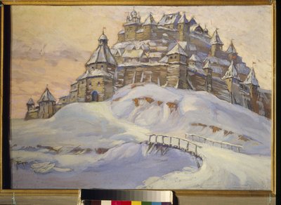 Vanha venäläinen linnoitus. (Puinen linnoitettu kaupunki, lumen alla Ukrainassa keskiajalla). Konstantin (Konstantin) Ivanovitš Gorbatovin (1876-1945) teos, tempera puulle, 1900-luvun alku. Yksityinen kokoelma. tekijältä Konstantin Ivanovich Gorbatov