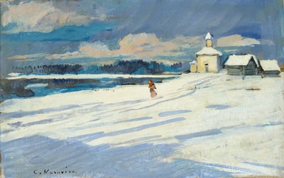 Talvimaisema ja pieni kirkko, 1900-luvun alku tekijältä Konstantin Korovin