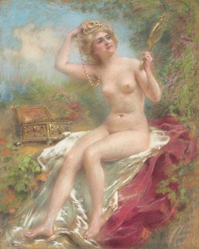 Istuva alaston katselee peiliin tekijältä Konstantin Makovsky