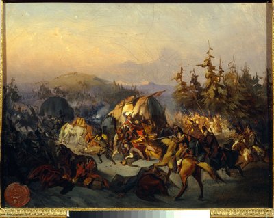 Venäläiset kasakat hyökkäävät läpikulkumatkalla olevien ranskalaisten joukkojen kimppuun, jakso Moskva-taistelusta (Borodino) vuonna 1812 - Konstantin Nikolajevitš Filippovin (1830-1878) maalaus, öljy kankaalle, 30x38 cm - Venäjän kasakat hyökkäävät läpiku tekijältä Konstantin Nikolaevich Filippov