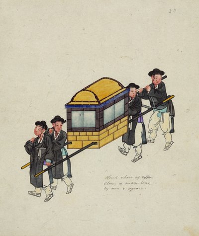 Neljä portteria, jotka kantoivat virkailijaa "gamassa" tai palanquinissa, n. 1890 tekijältä Korean School