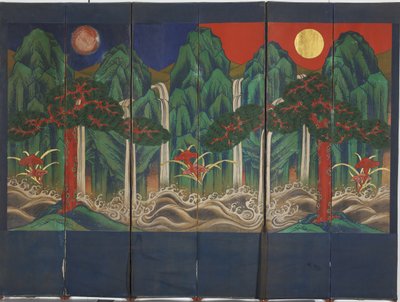 Maisema (tempera ja kultalehti paneelissa) tekijältä Korean School