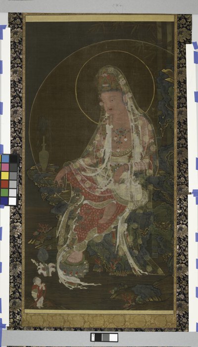 Pajunoksainen bodhisattva Avalokiteshvara (Kwanseûm Posal) istuu paratiisipuutarhassa, Koryo-dynastia (mustetta, väriä ja kultaa silkillä) tekijältä Korean School