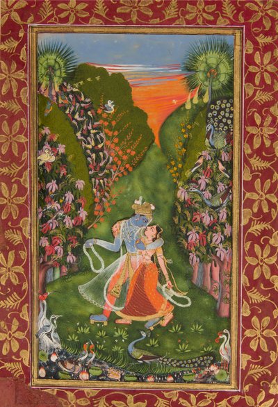 Radha ja Krishna Walk in a Flowering Grove recto, Krishna Fluting verso, c1720 r, c1750-75 v tekijältä Kota Master